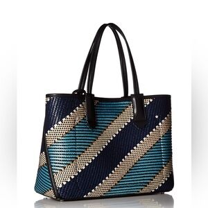 CALVIN KLEIN Jacky Raffia Straw Slouchy Tote Blue Gold Multi Bag AUTHENTIC NWT